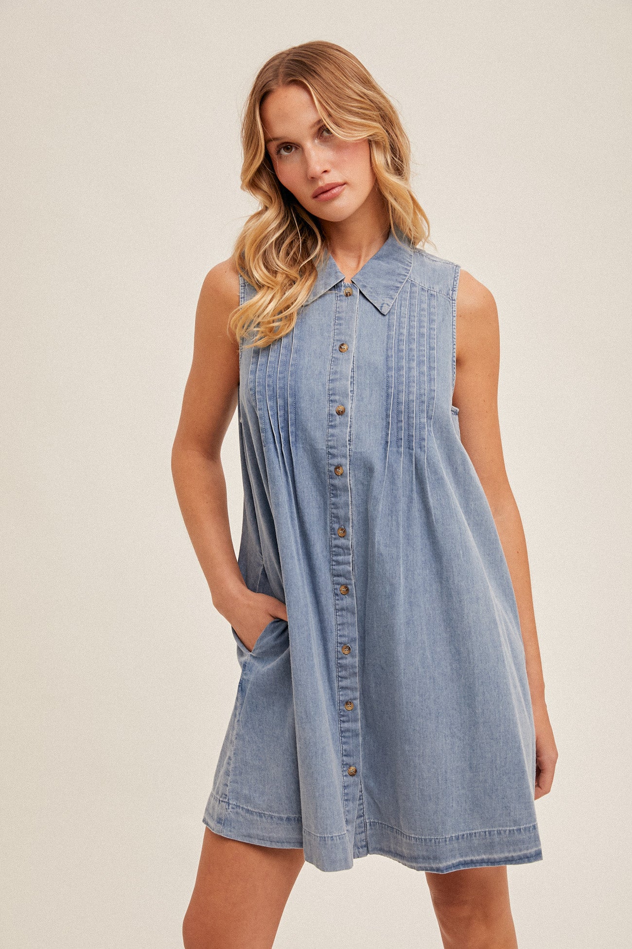 Hem & Thread W Collared Pleated Swing Dress DENIM