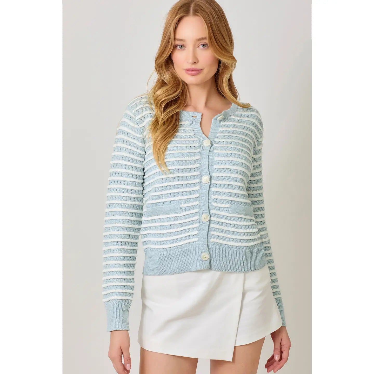 Mystree W Waggle Weave Cardigan IVORY/PALE BLUE