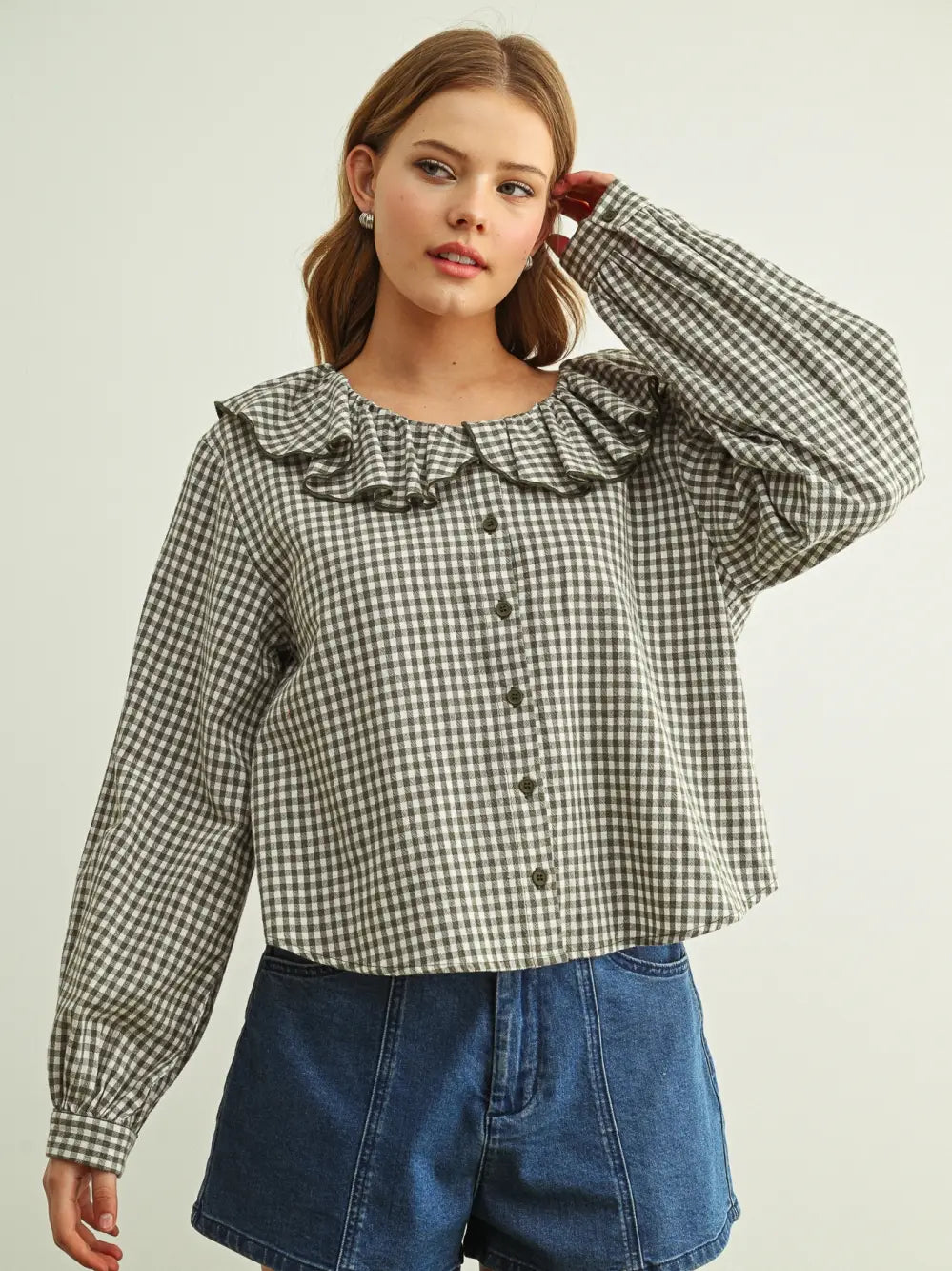 Miou Muse W LS Mini Gingham Ruffled Collar Blouse OLIVE