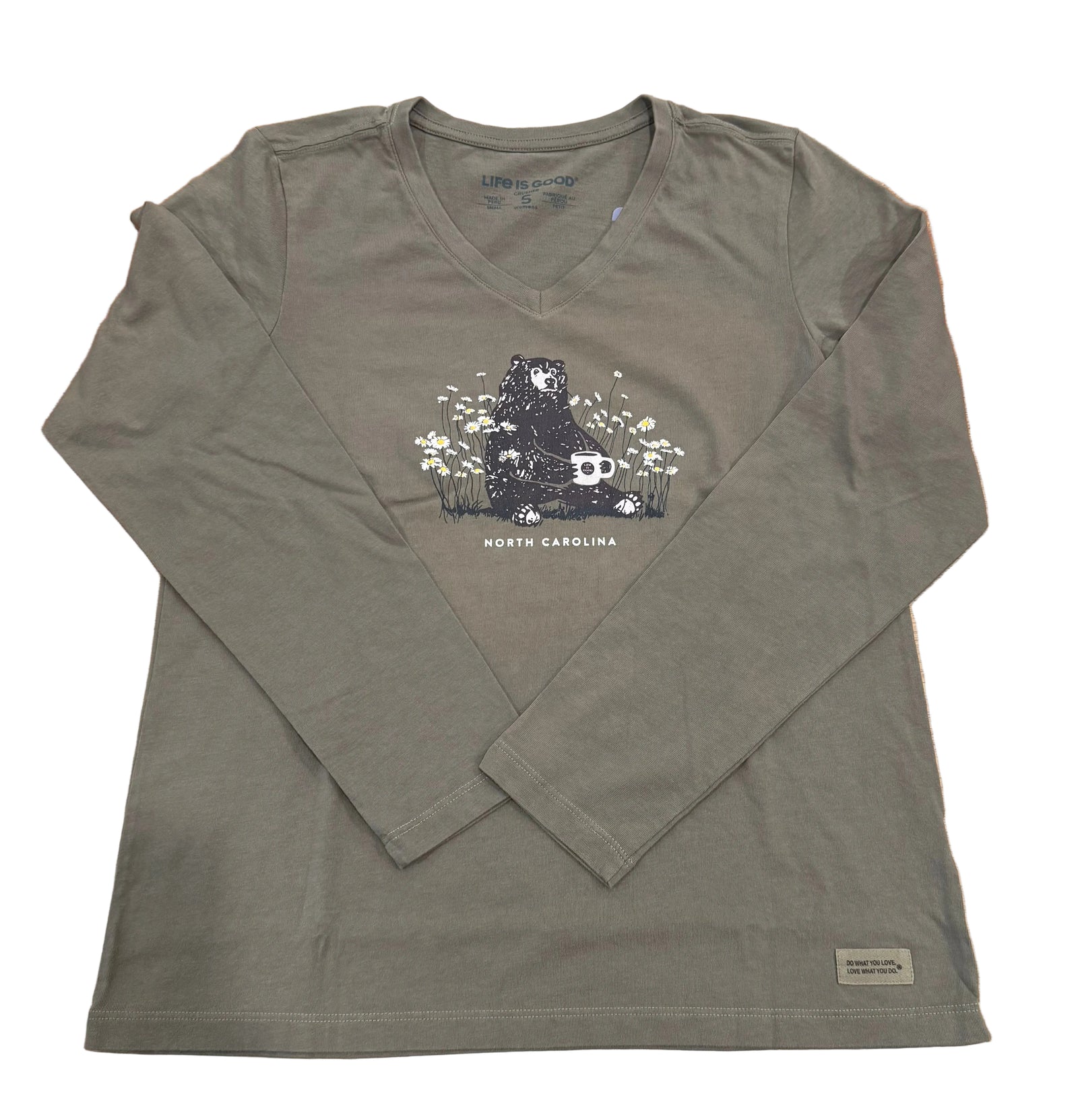 Life is Good W LS Crusher Daisy Bear Tee MOSS GREEN