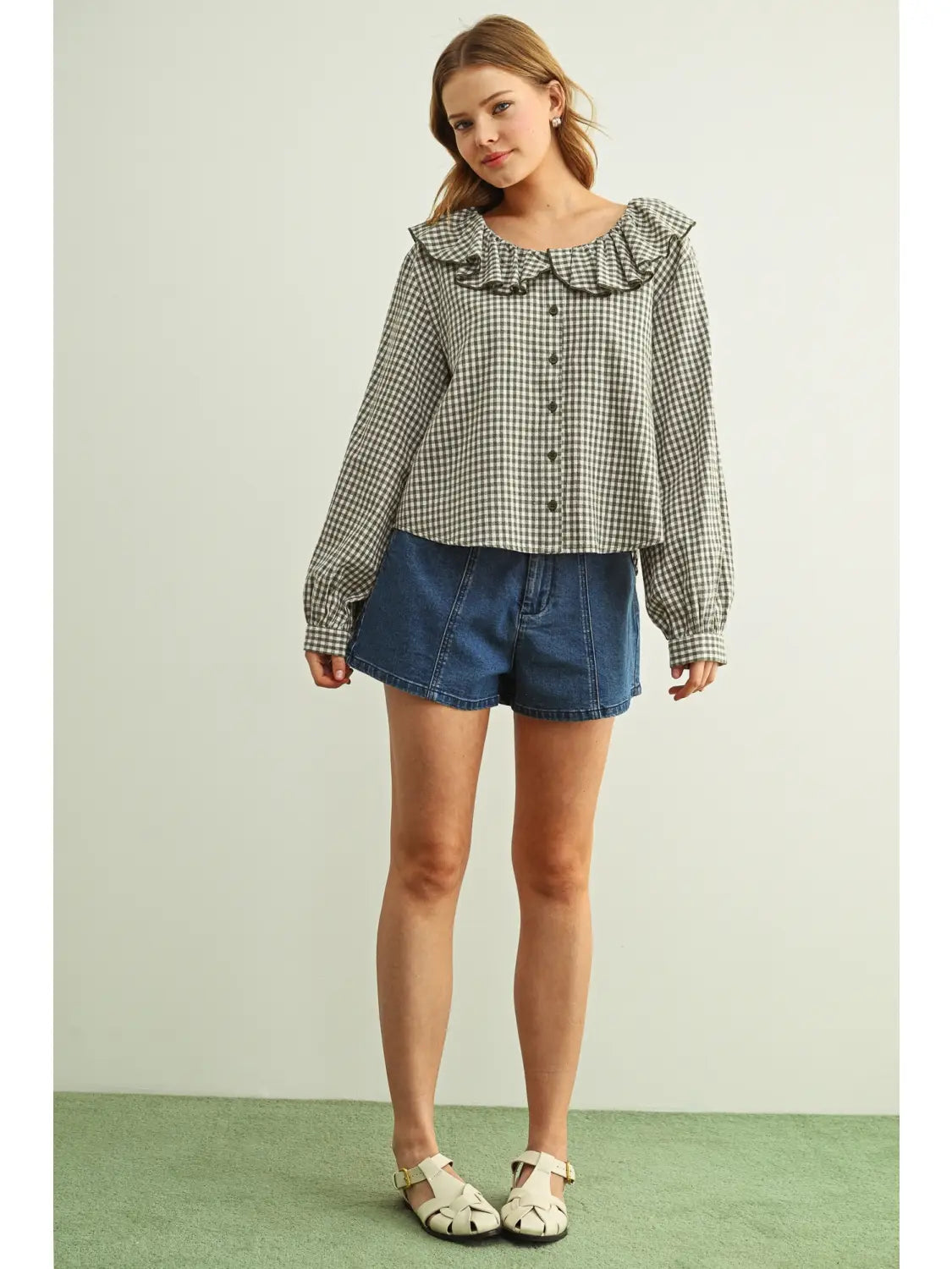 Miou Muse W LS Mini Gingham Ruffled Collar Blouse OLIVE