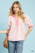 Umgee W Seersucker Stripe Ruffle Sleeve Top PINK