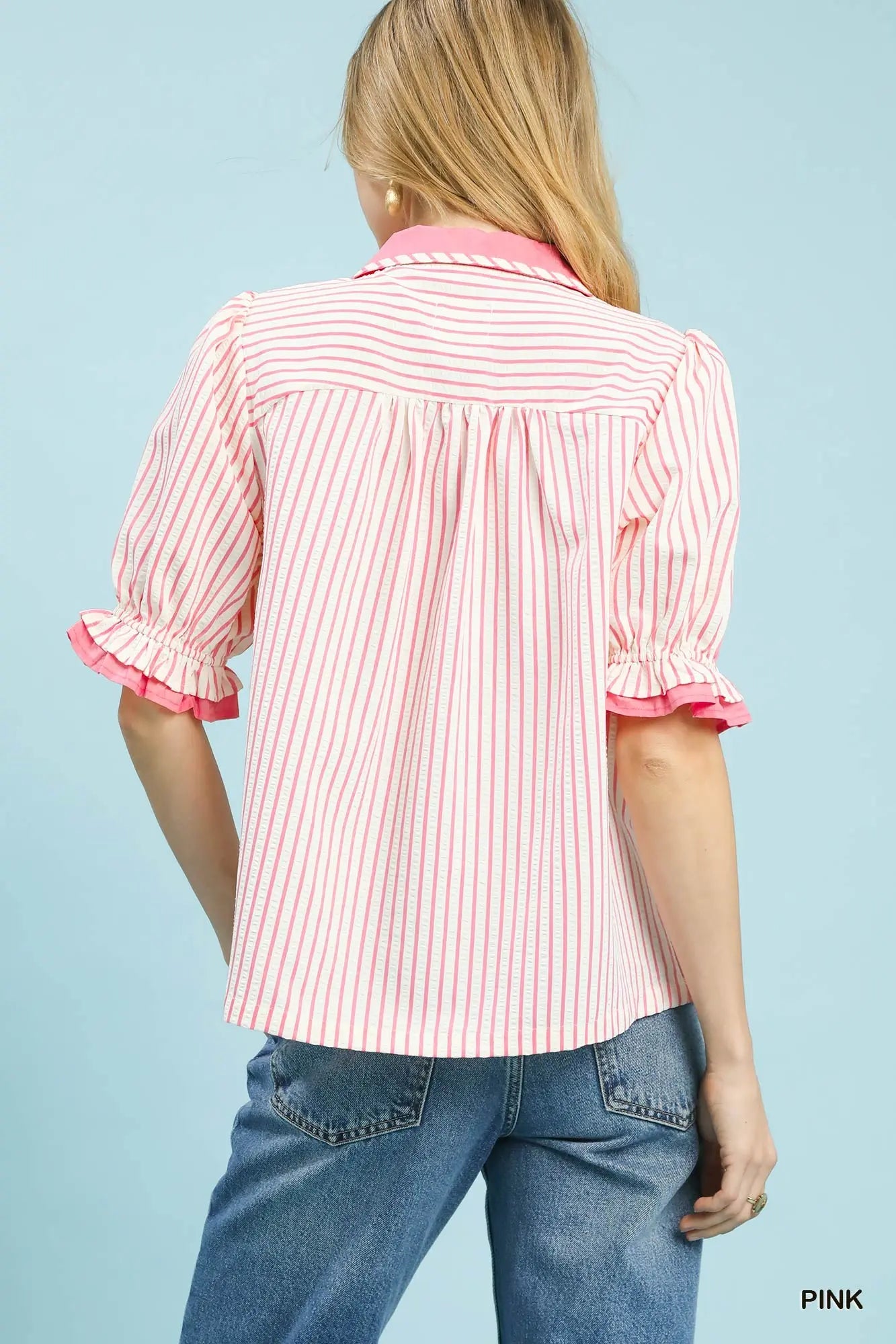 Umgee W Seersucker Stripe Ruffle Sleeve Top PINK