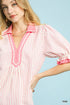 Umgee W Seersucker Stripe Ruffle Sleeve Top PINK