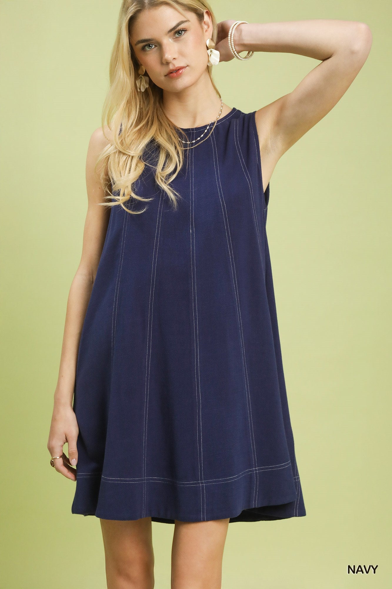 Umgee W Linen Sleeveless Swing Dress NAVY