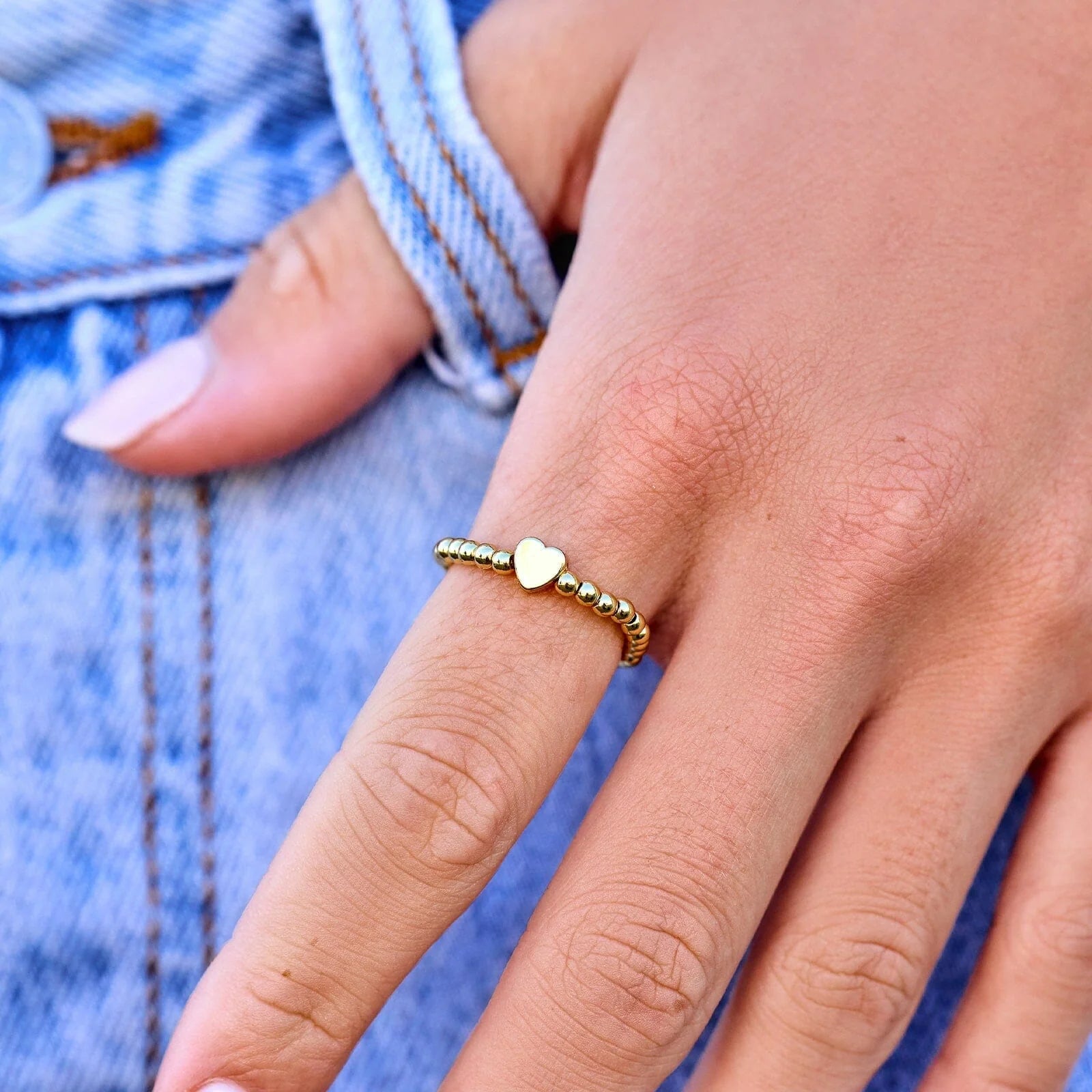 Pura Vida Heart Ball Bead Stretch Ring GOLD