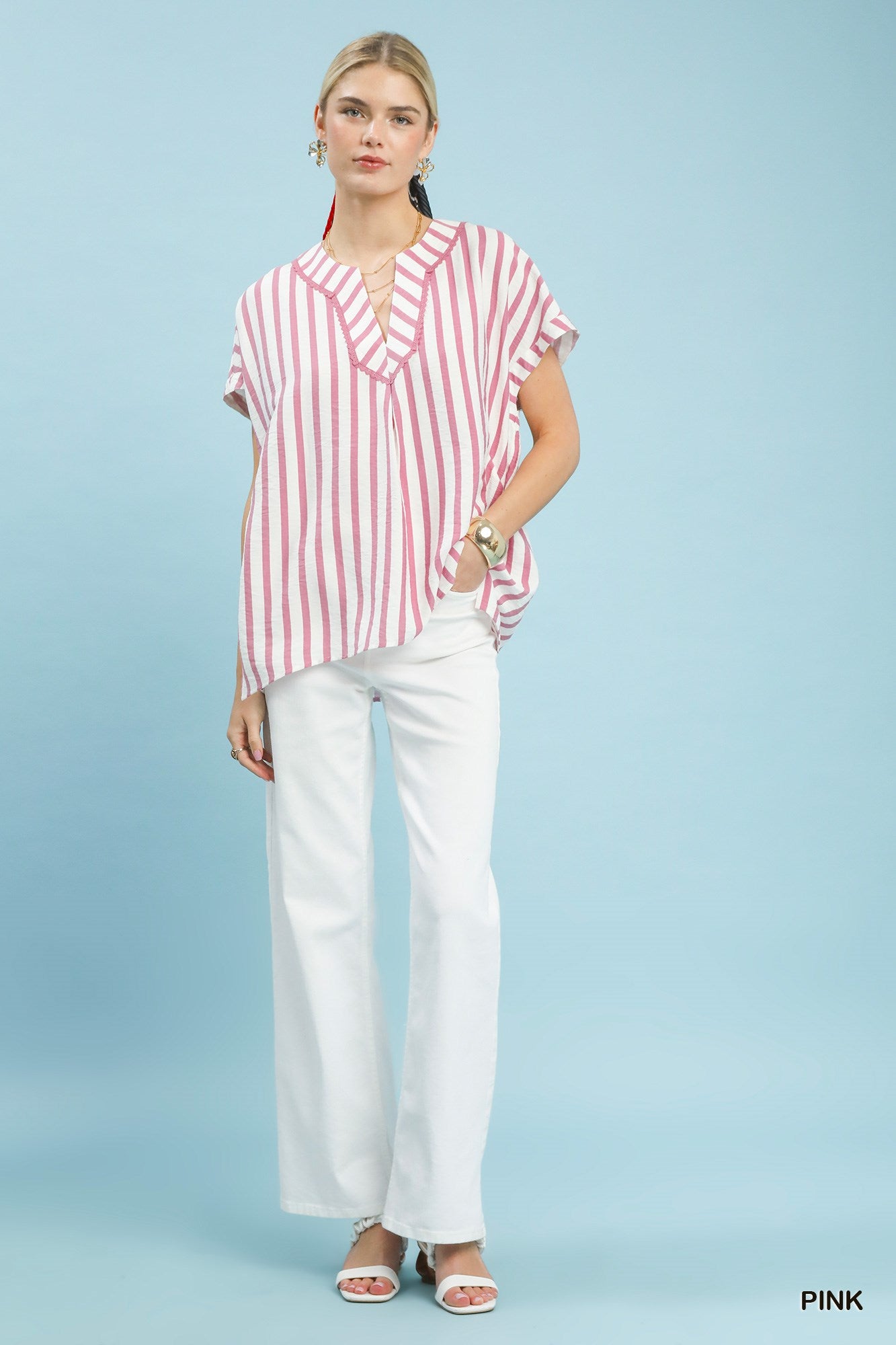 Umgee W Mixed Stripe Oversized Top PINK