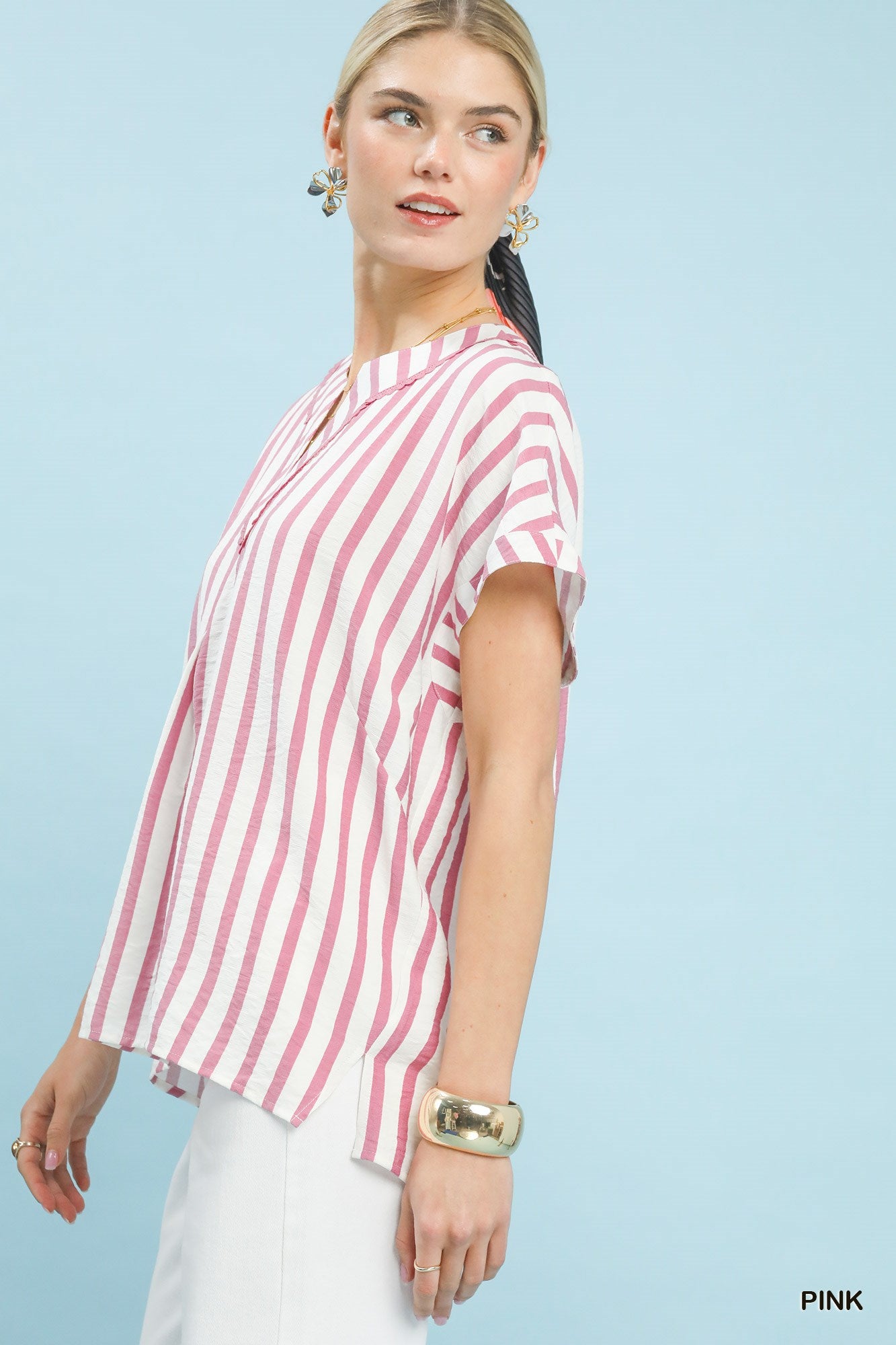 Umgee W Mixed Stripe Oversized Top PINK