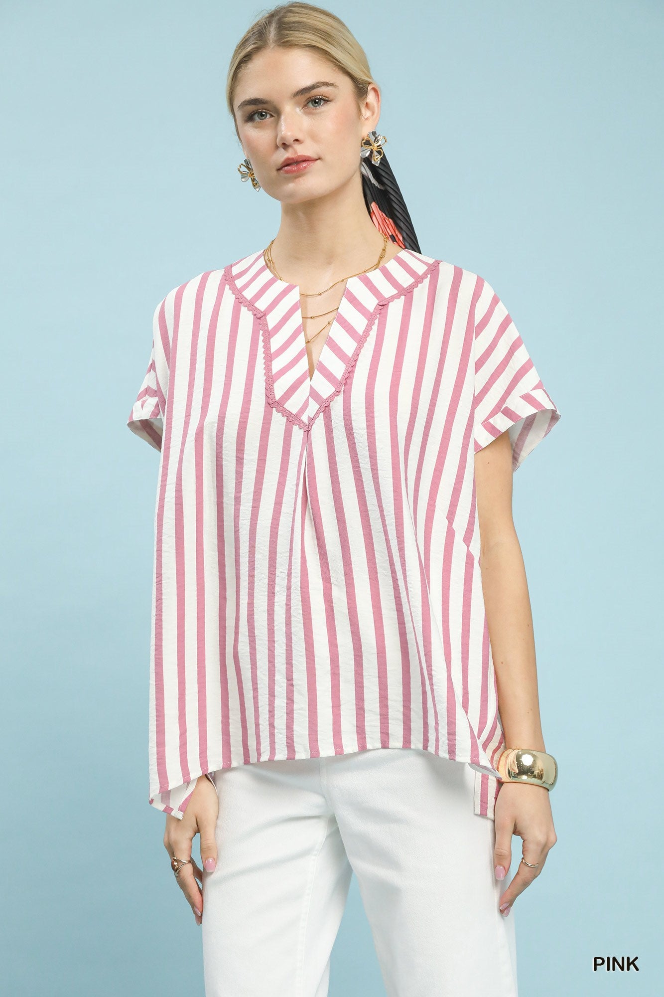 Umgee W Mixed Stripe Oversized Top PINK