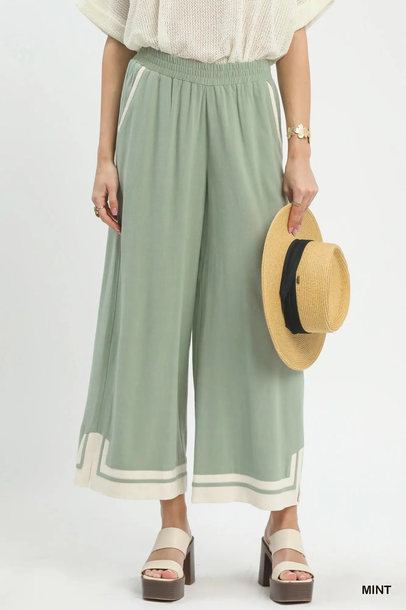 Umgee W Stripe Accent Linen Pant MINT