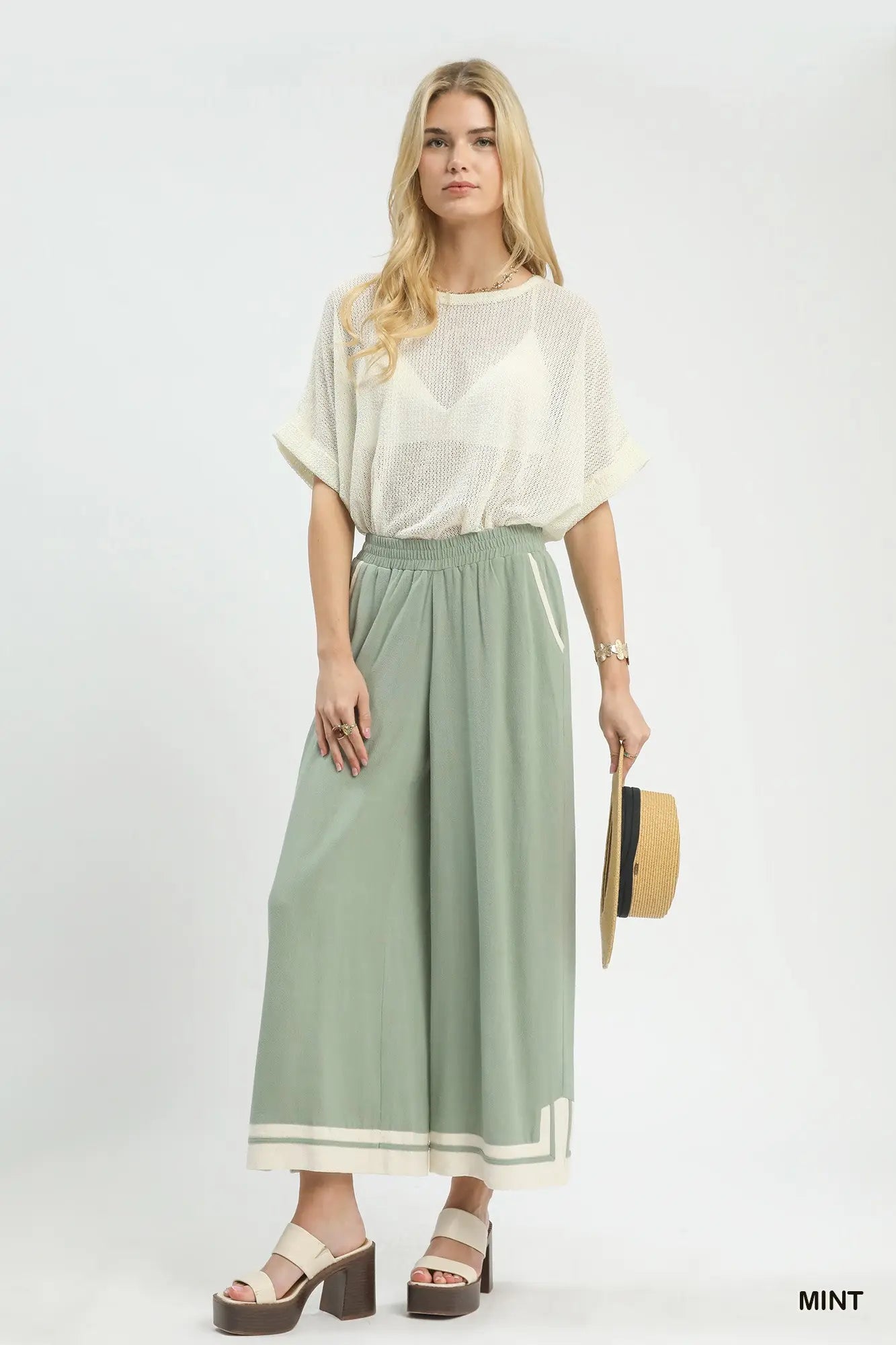 Umgee W Stripe Accent Linen Pant MINT