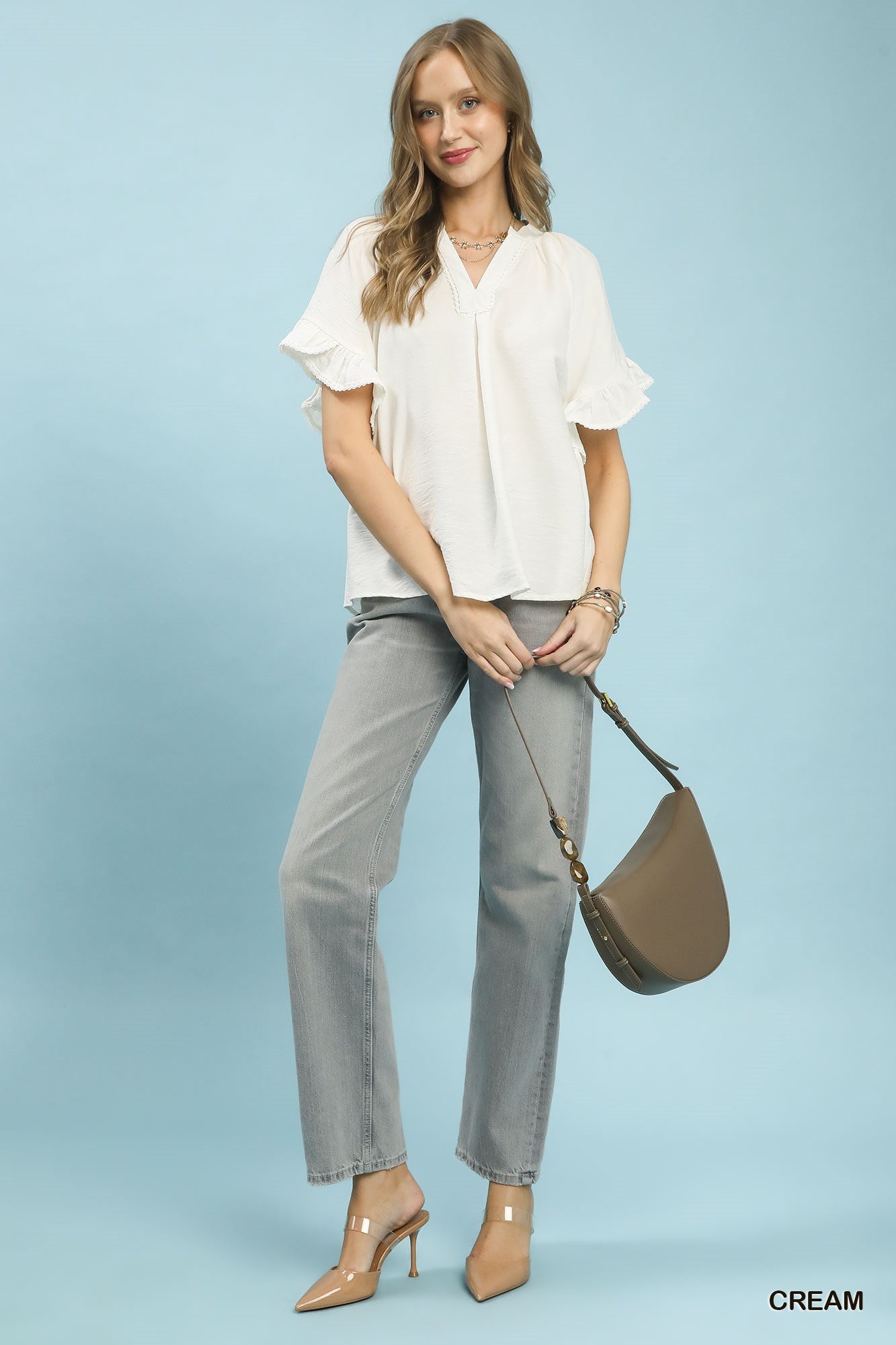 Umgee W Ruffle Sleeve V-Neck Flutter Top CREAM