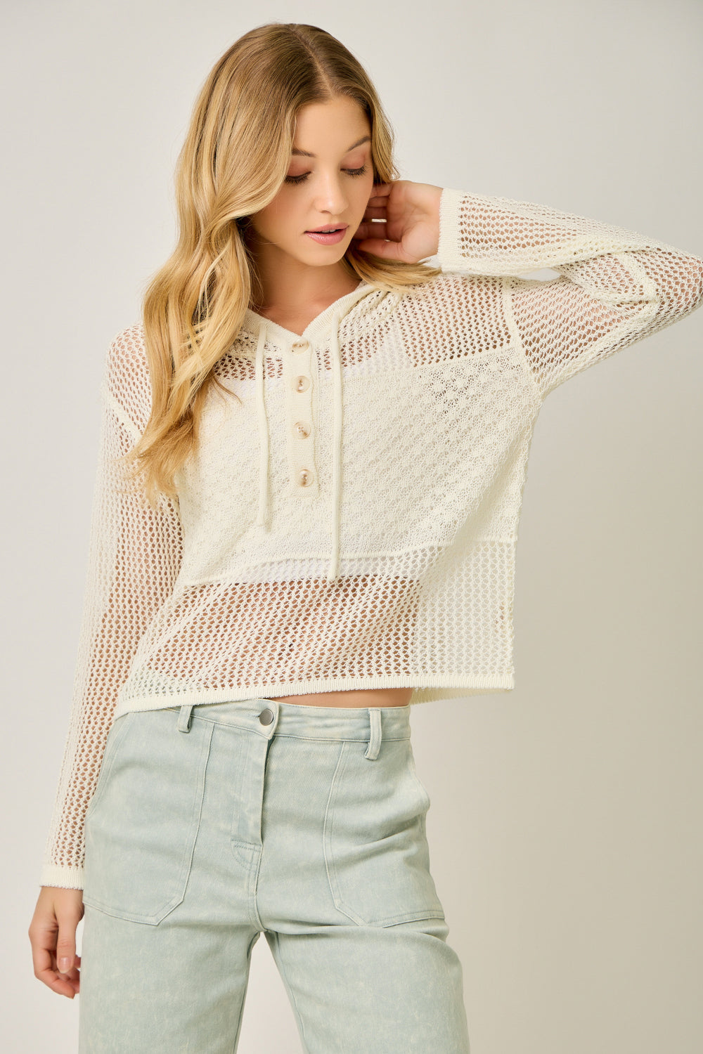 Mystree W Crochet Weave Hoodie Sweater OFF WHITE