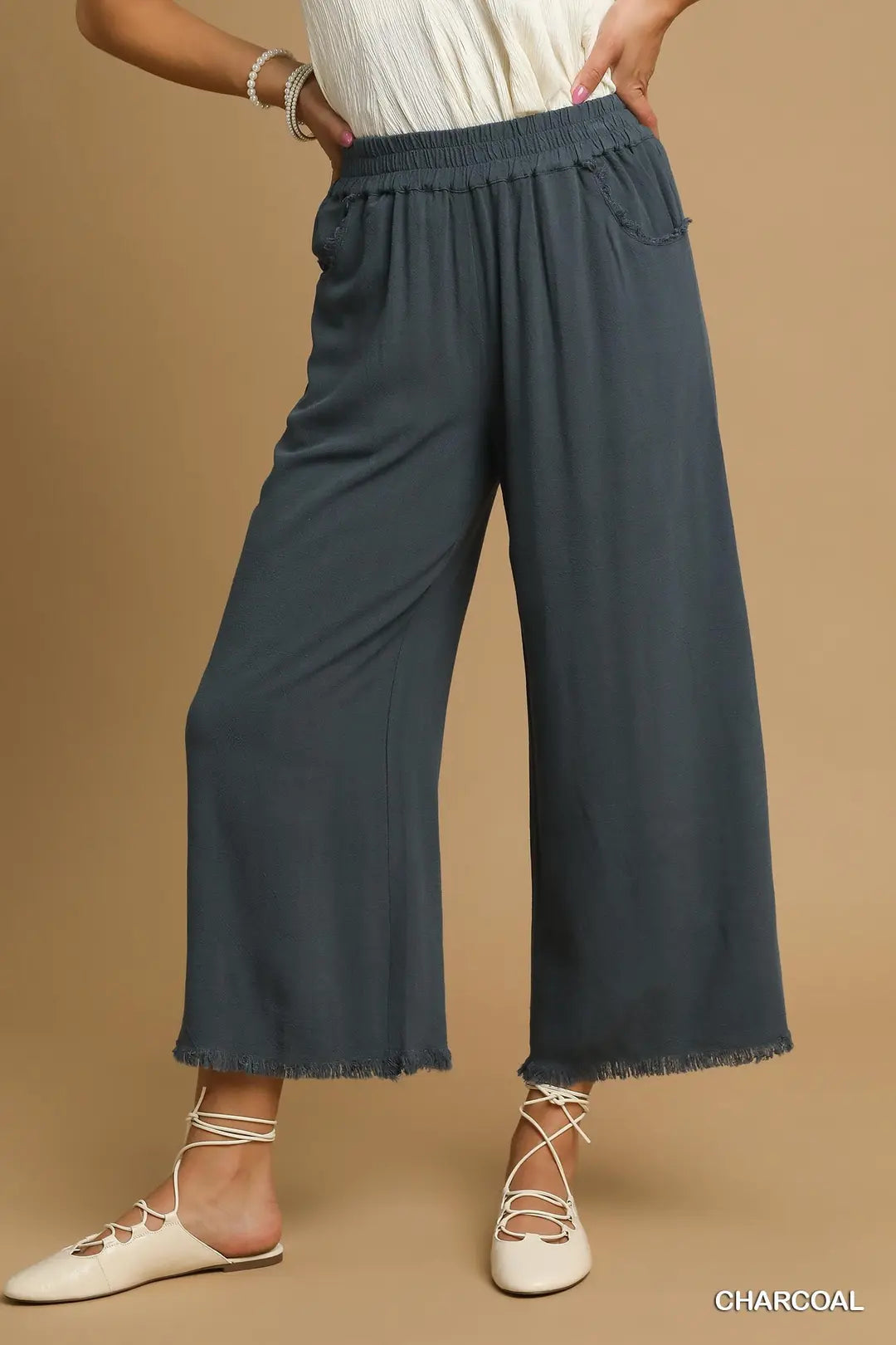 Umgee W Linen Fray Pant CHARCOAL