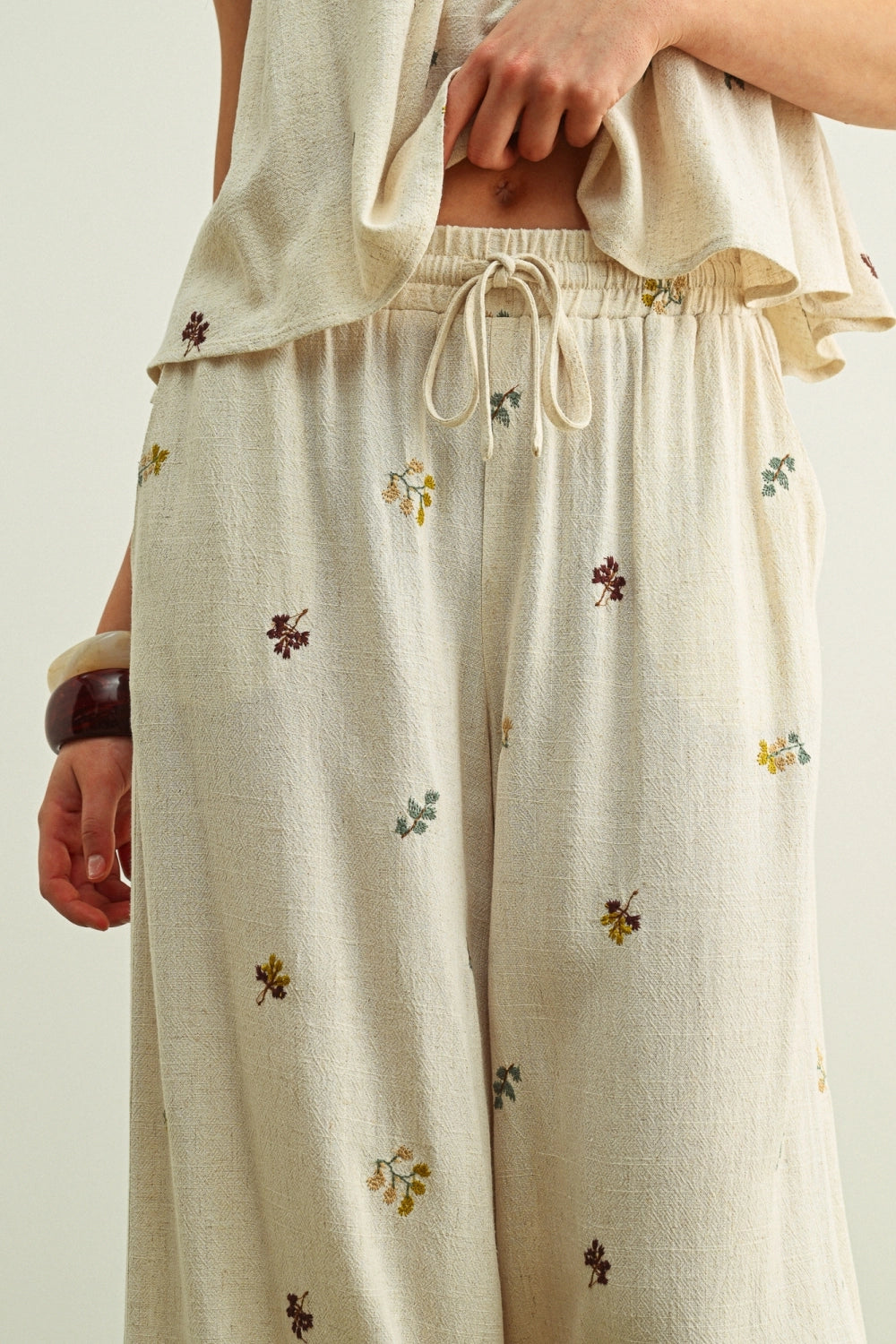 Miou Muse W Embroidered Gauze Wide Leg Pant BEIGE
