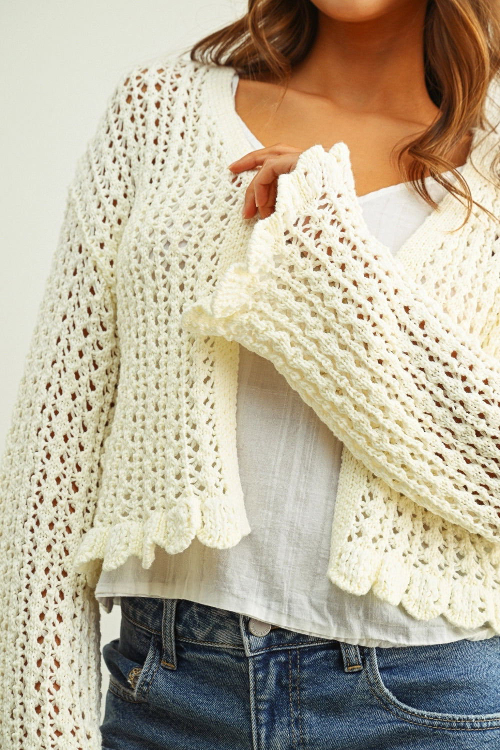 Miou Muse W LS Ruffle Detail Cardigan IVORY