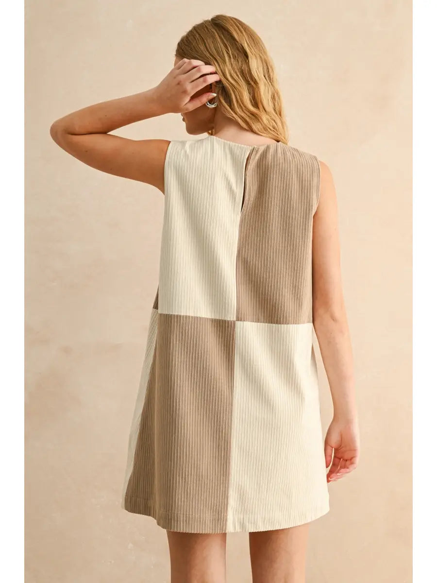 Miou Muse W Corduroy Color Block Midi Dress MOCHA / ECRU