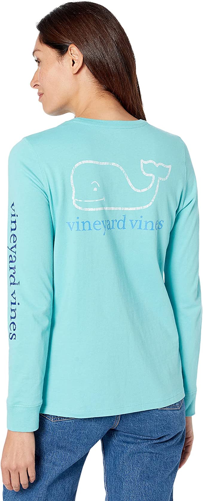 Vineyard Vines W LS Tri Color Vintage Whale Tee AQUA OCEAN