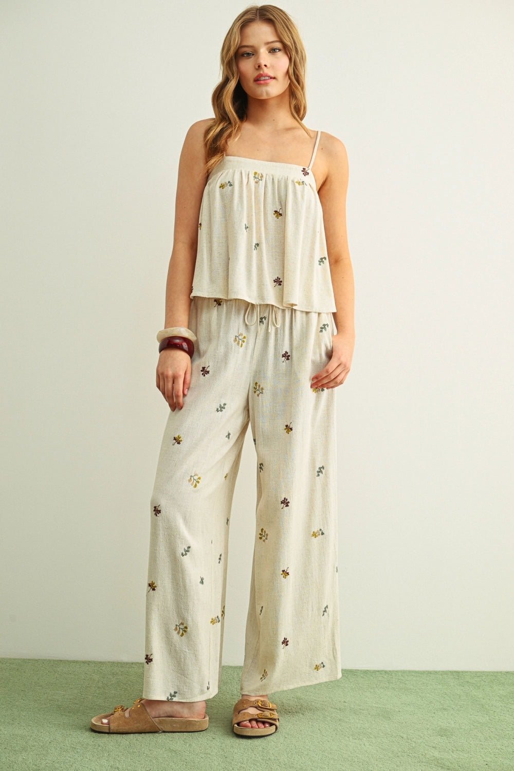 Miou Muse W Embroidered Gauze Wide Leg Pant BEIGE