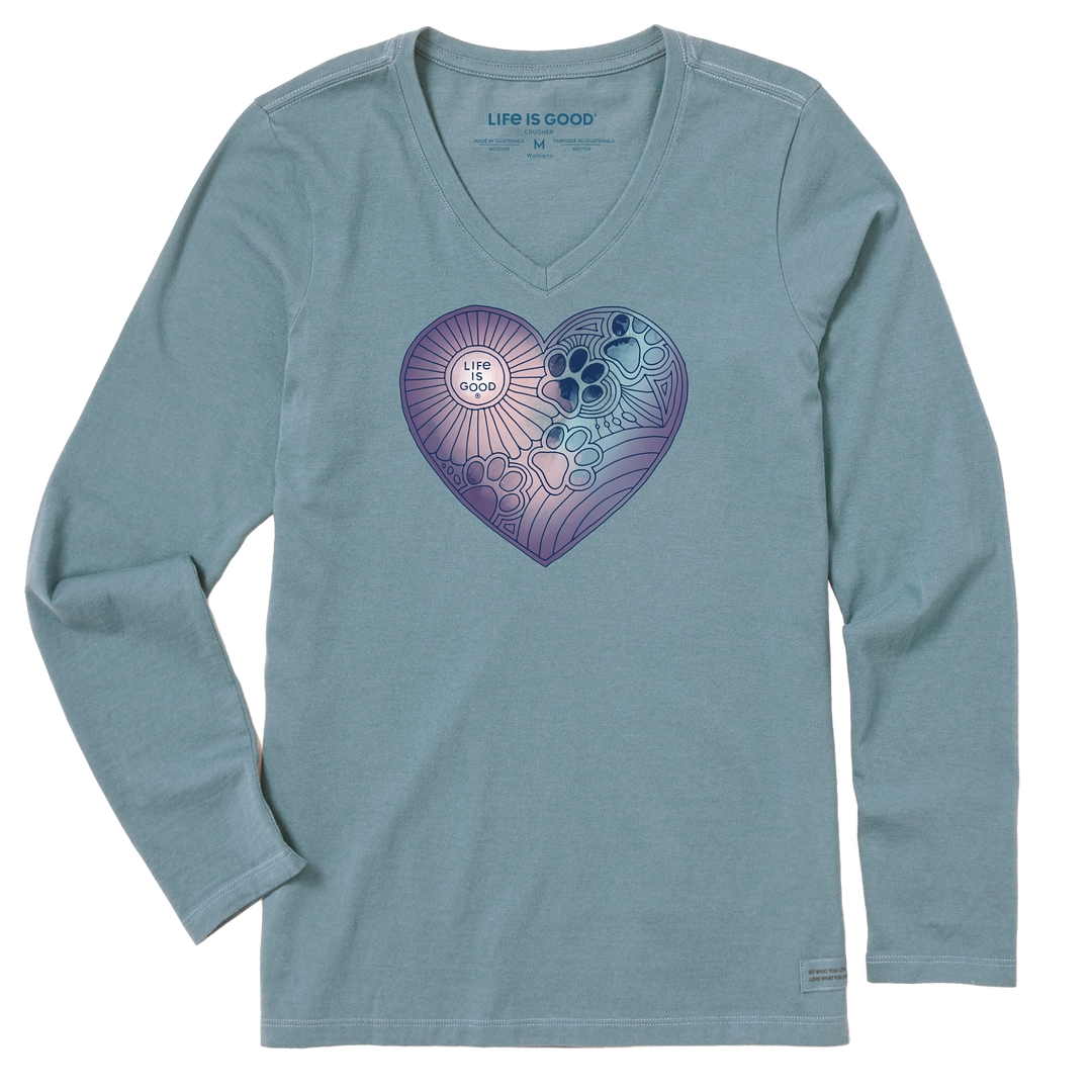 Life is Good W LS Crusher-Lite Tee Pawprints Heart SMOKY BLUE