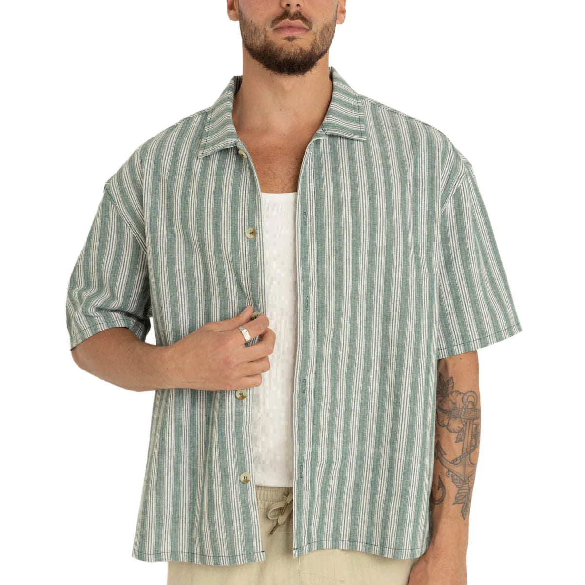 Rhythm M SS Butcher Stripe Relaxed Shirt TEAL
