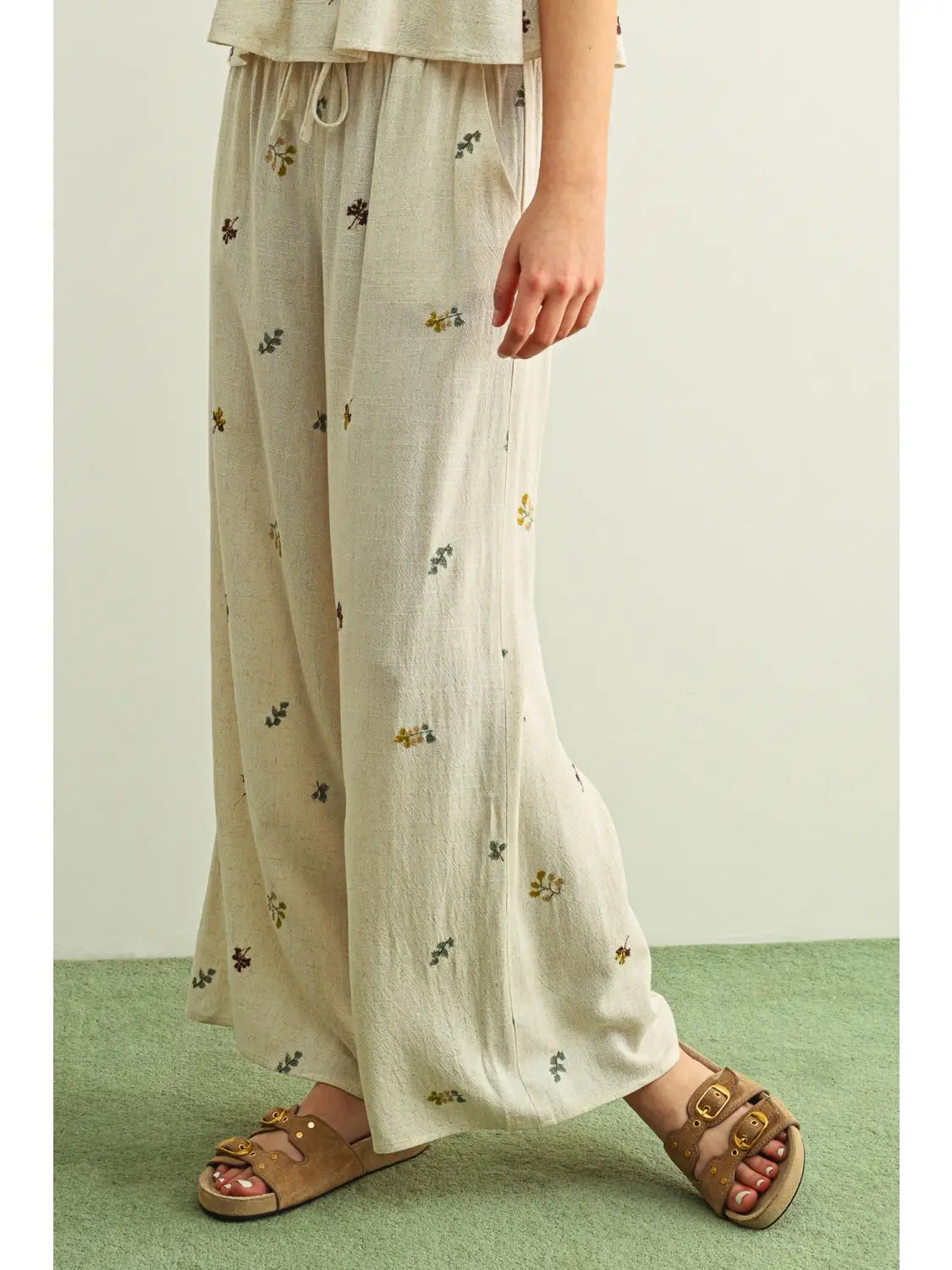 Miou Muse W Embroidered Gauze Wide Leg Pant BEIGE