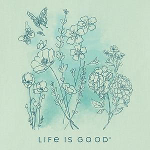 Life is Good W SS Crusher Pen & Ink Flowers SAGE GREEN