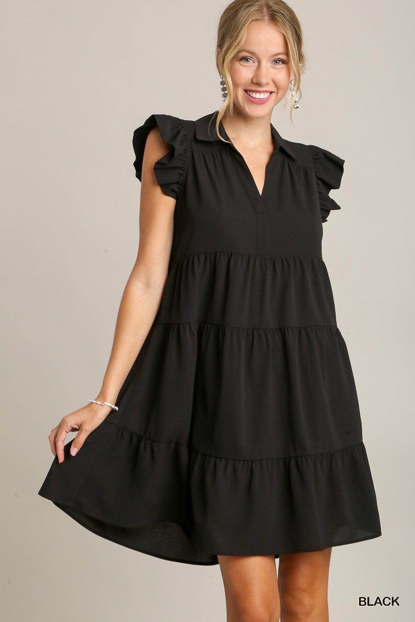 Umgee W Ruffle Sleeve Tiered Dress BLACK