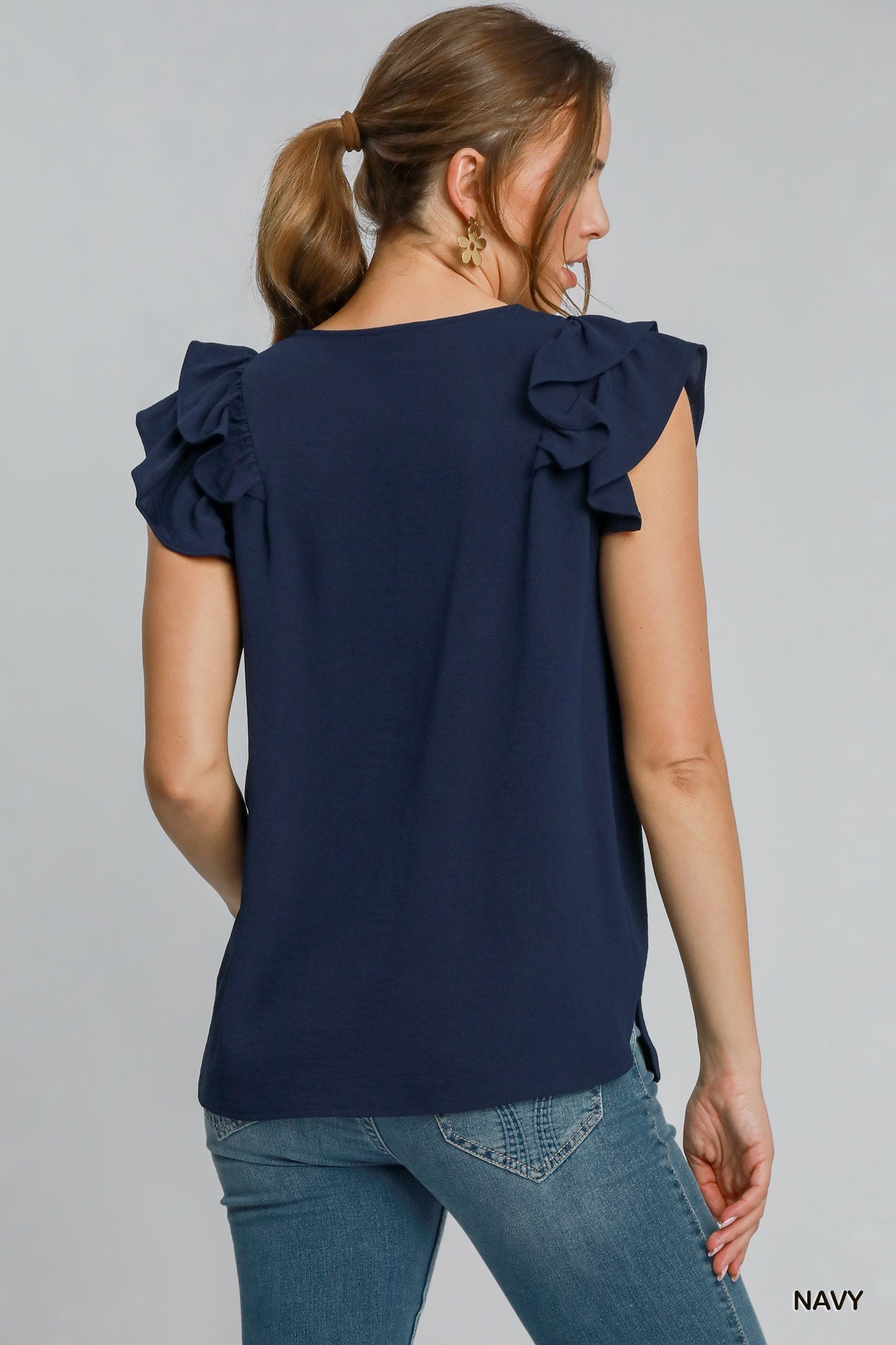 Umgee W V-Neck Flutter Sleeve Blouse NAVY