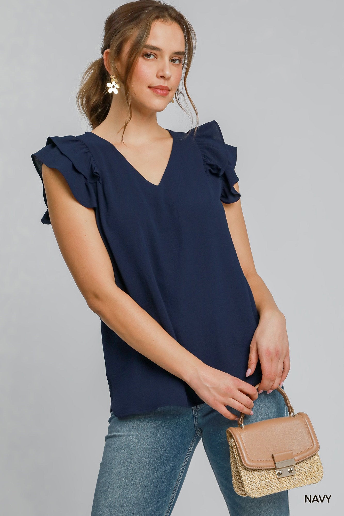 Umgee W V-Neck Flutter Sleeve Blouse NAVY