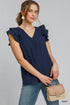 Umgee W V-Neck Flutter Sleeve Blouse NAVY