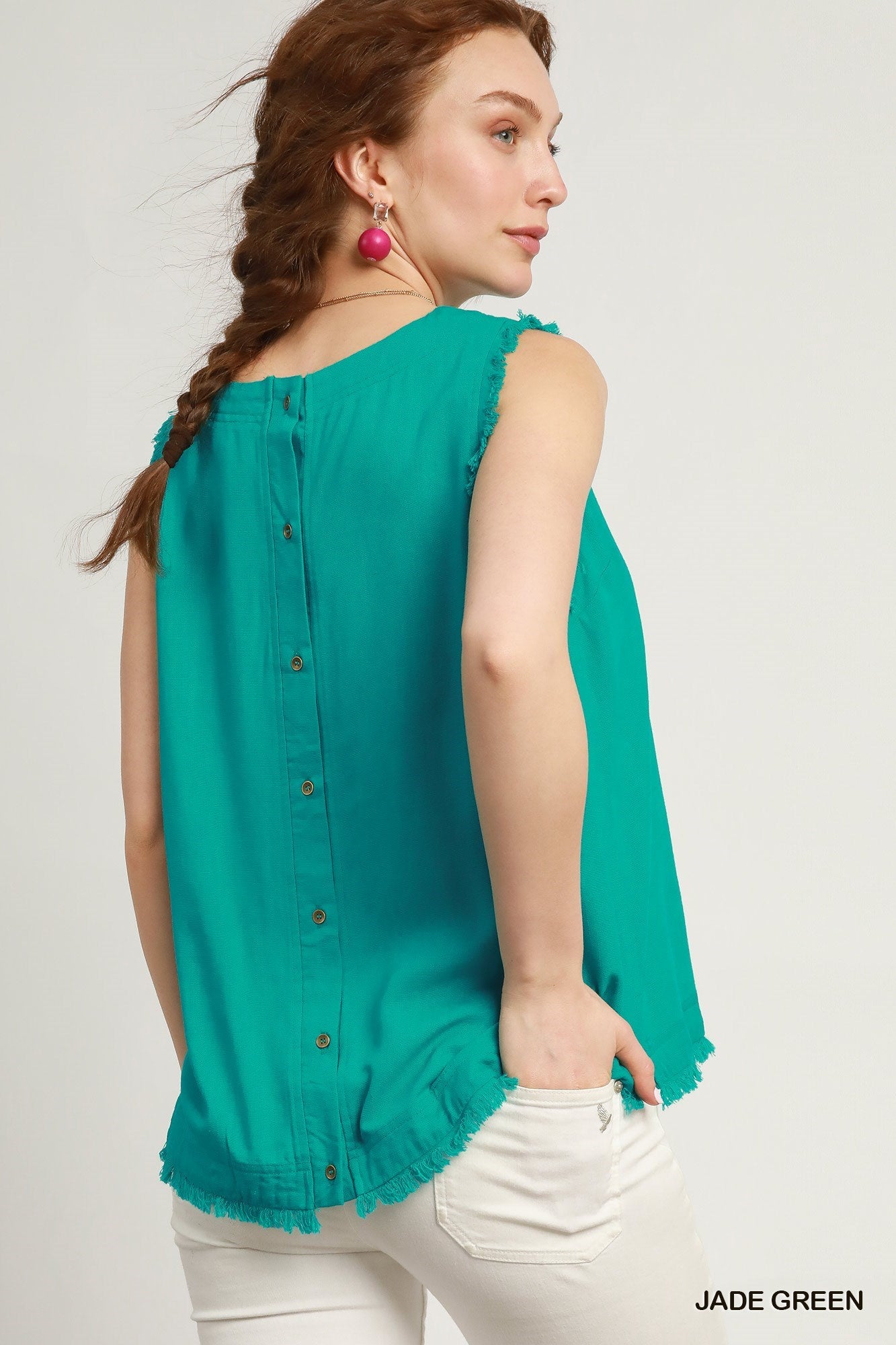 Umgee W Linen Fray Tank JADE GREEN