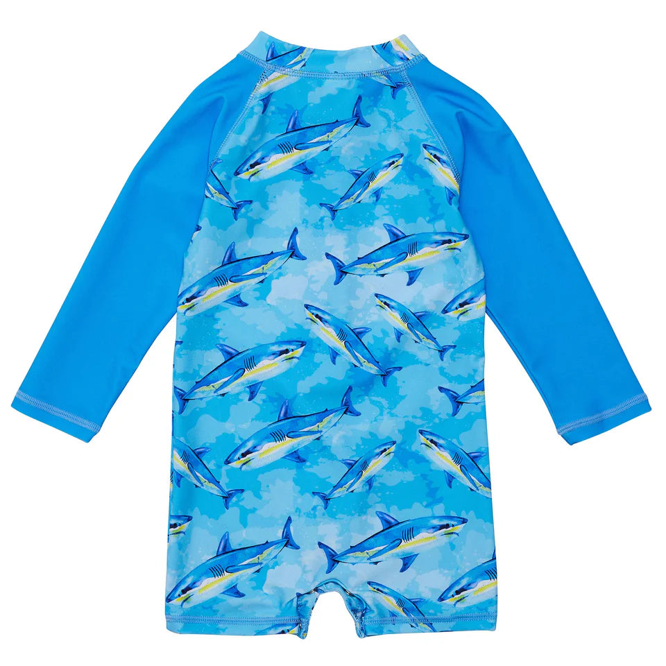 Snapperrock Baby LS Jawsome Waves Sunsuit BLUE