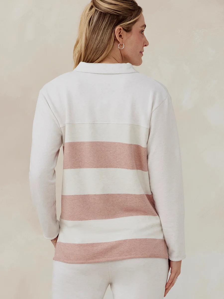 Tasc W French Terry Polo Sweatshirt Stripe COCONUT HEATHER / ROSY HEATHER