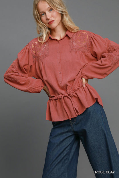 Umgee W Embroidered Lace Linen Shirt ROSE CLAY