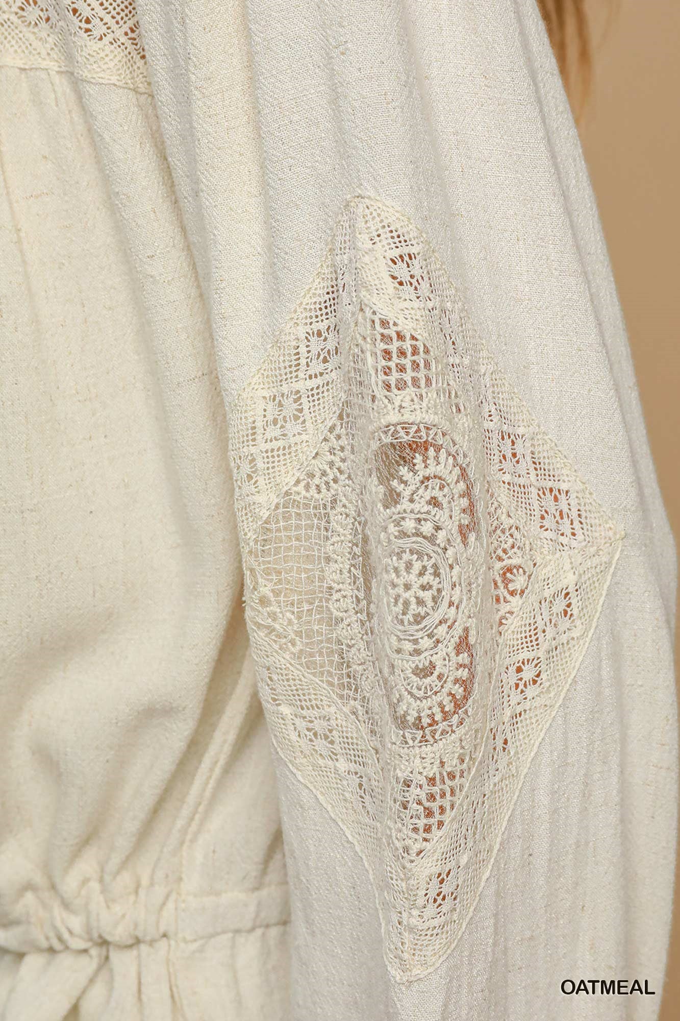 Umgee W Embroidered Lace Linen Shirt OATMEAL