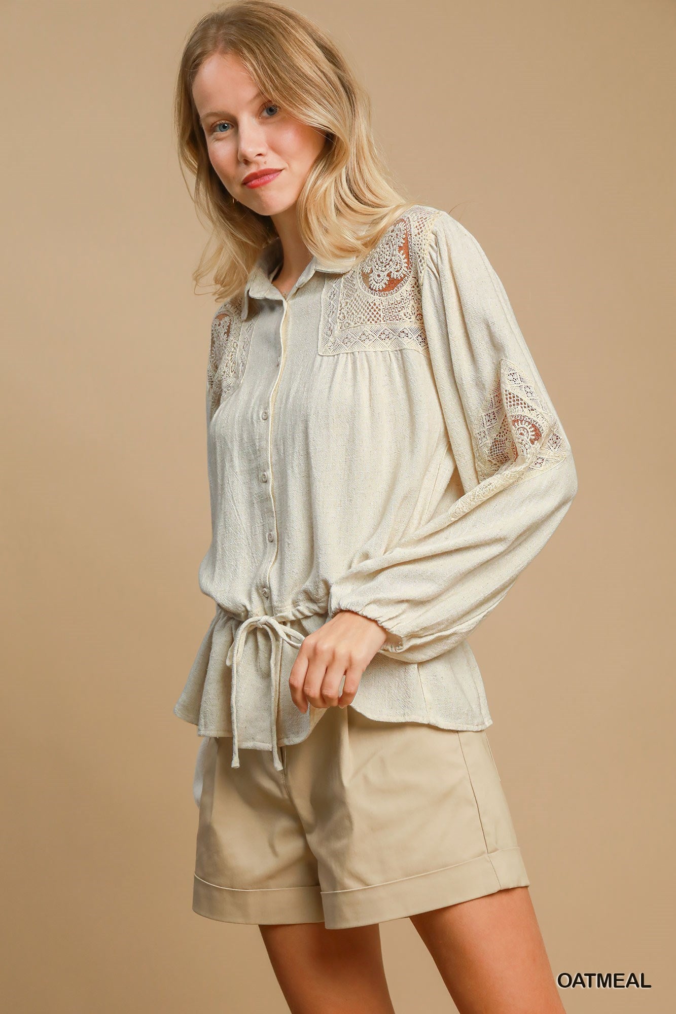 Umgee W Embroidered Lace Linen Shirt OATMEAL