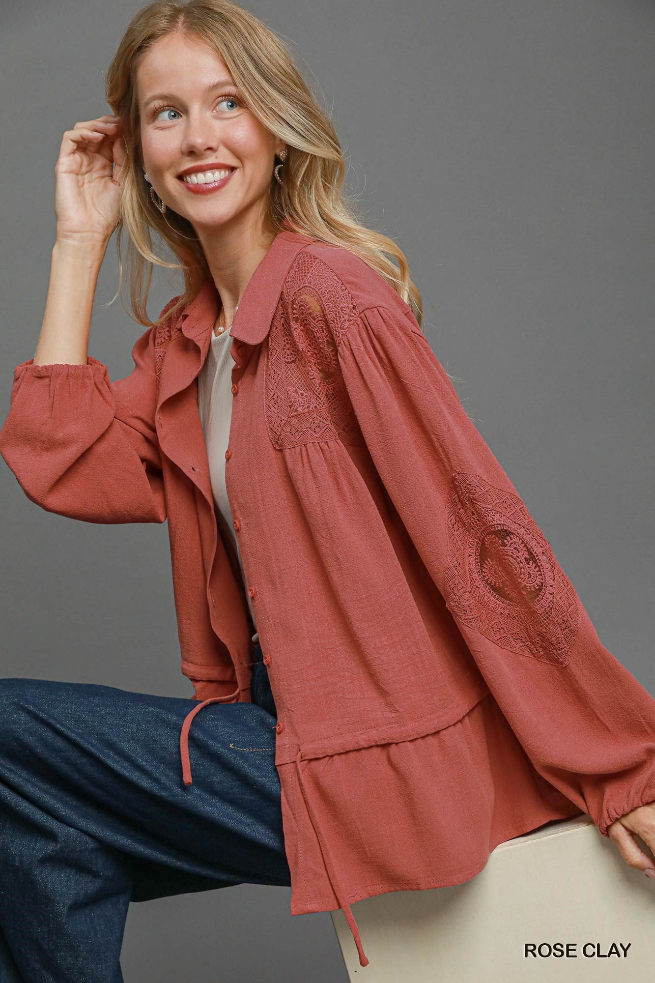 Umgee W Embroidered Lace Linen Shirt ROSE CLAY