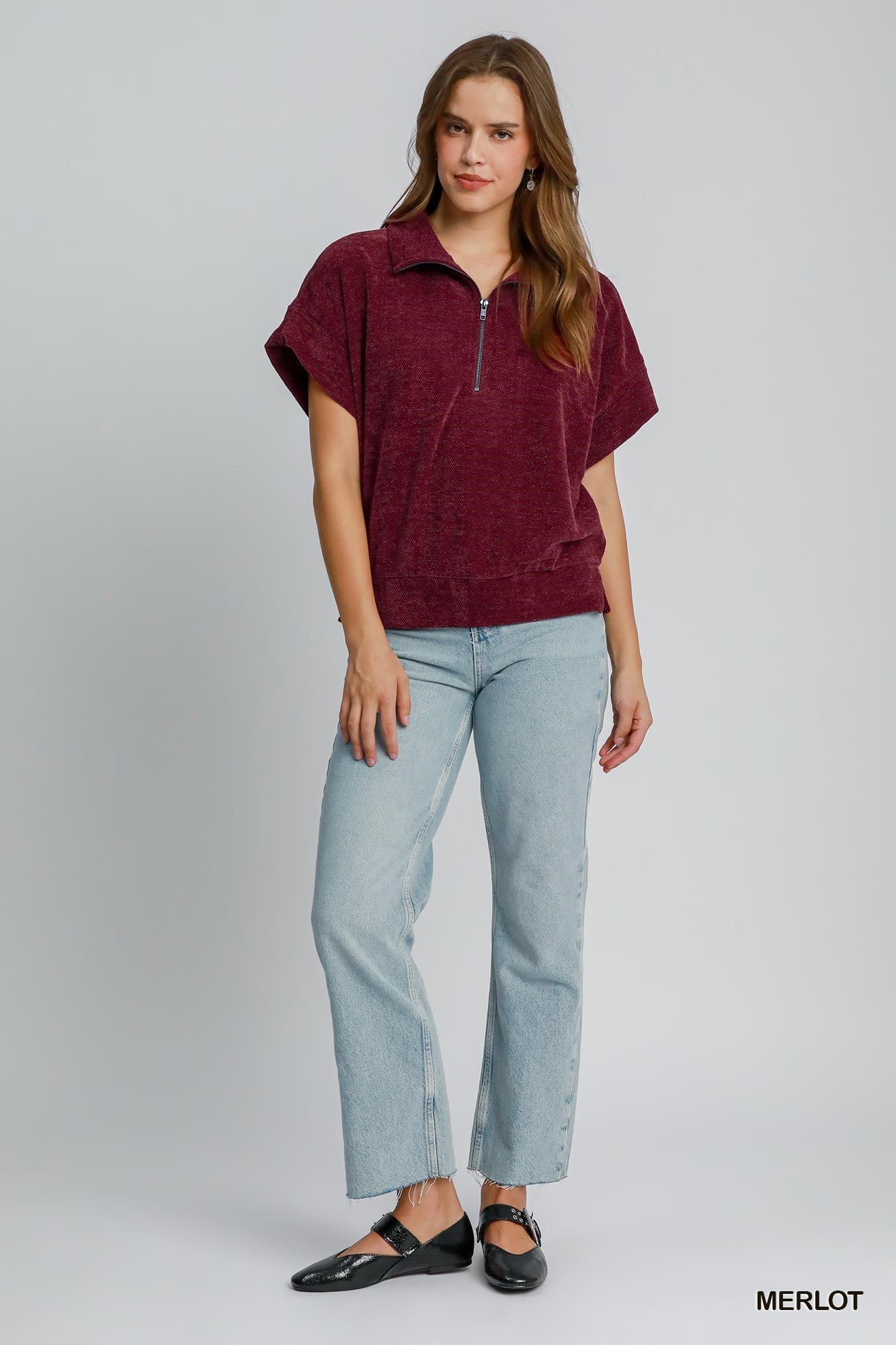 Umgee W Chenille Half Zip MERLOT