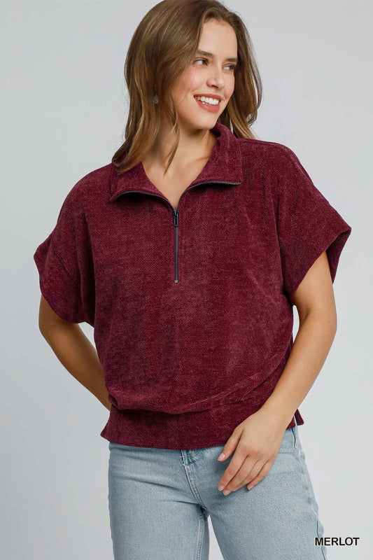 Umgee W Chenille Half Zip MERLOT