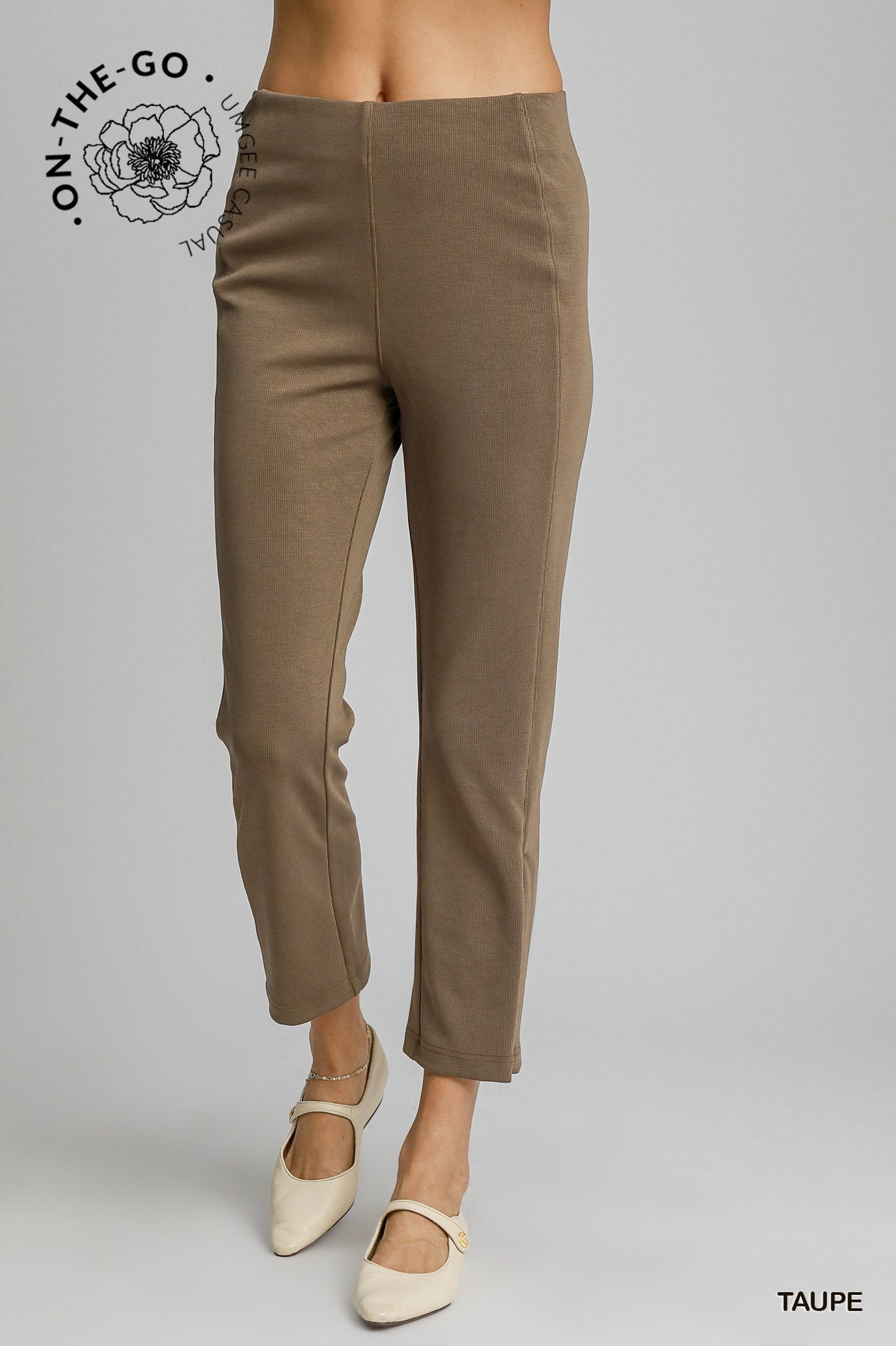 Umgee W Modal Ribbed High Rise Crop Pant TAUPE