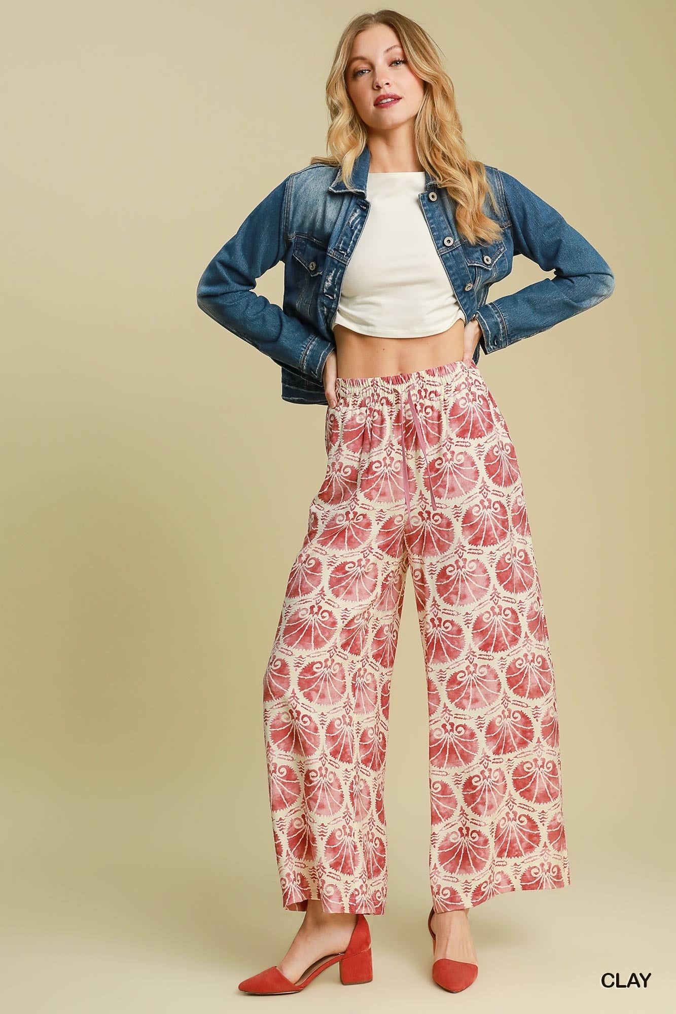 Umgee W High Waisted Wide Leg Printed Pant CLAY