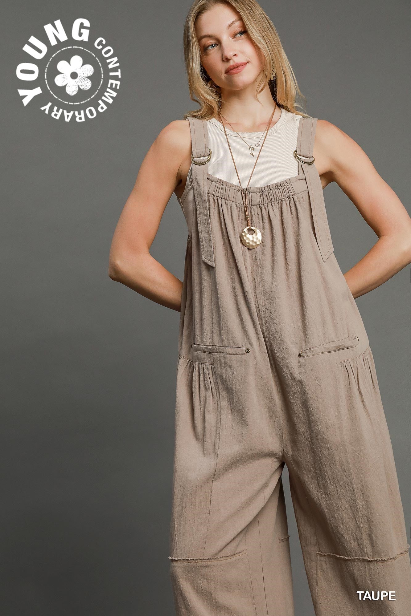 Umgee W Square Neck Jumpsuit TAUPE