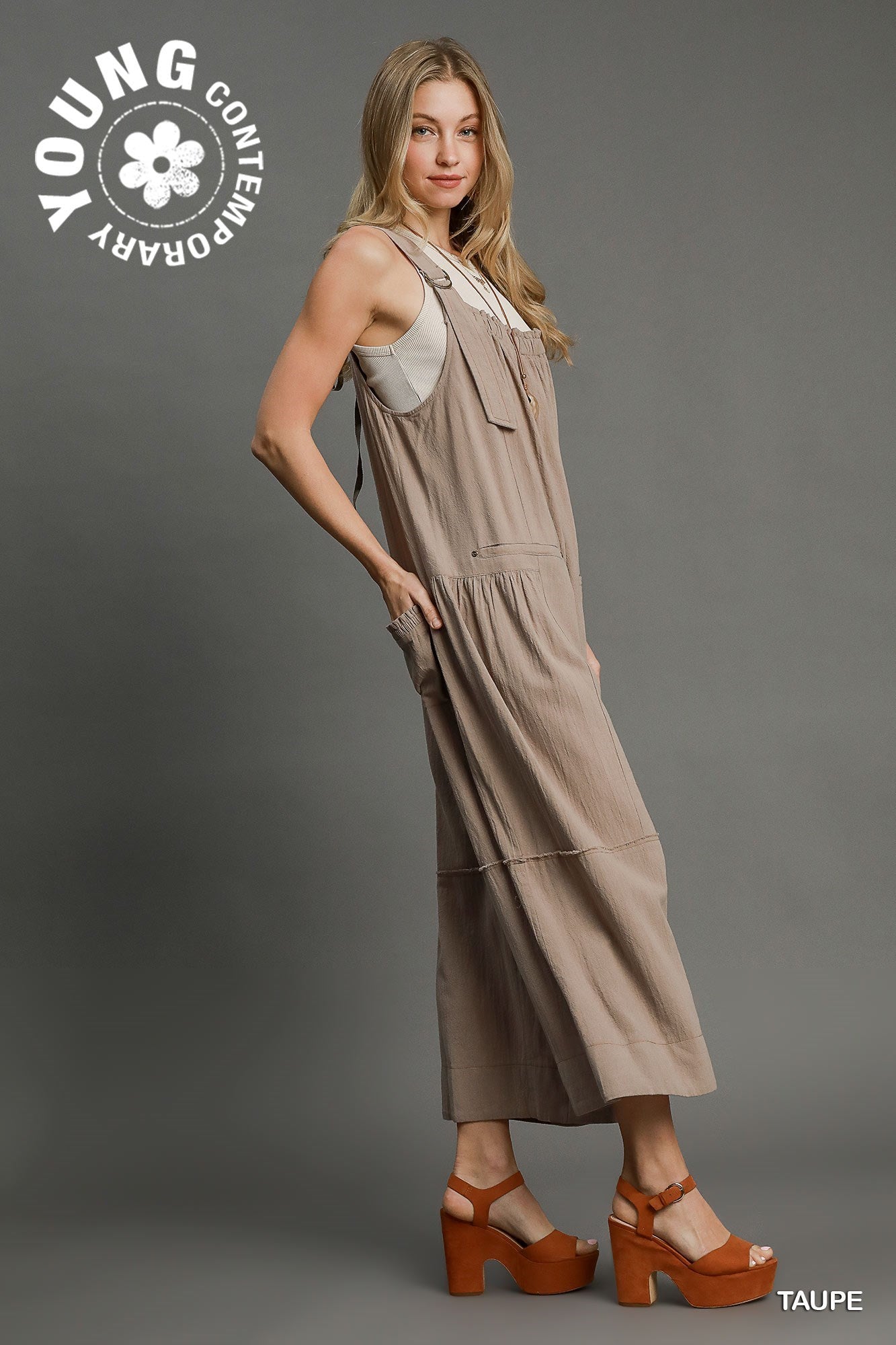 Umgee W Square Neck Jumpsuit TAUPE