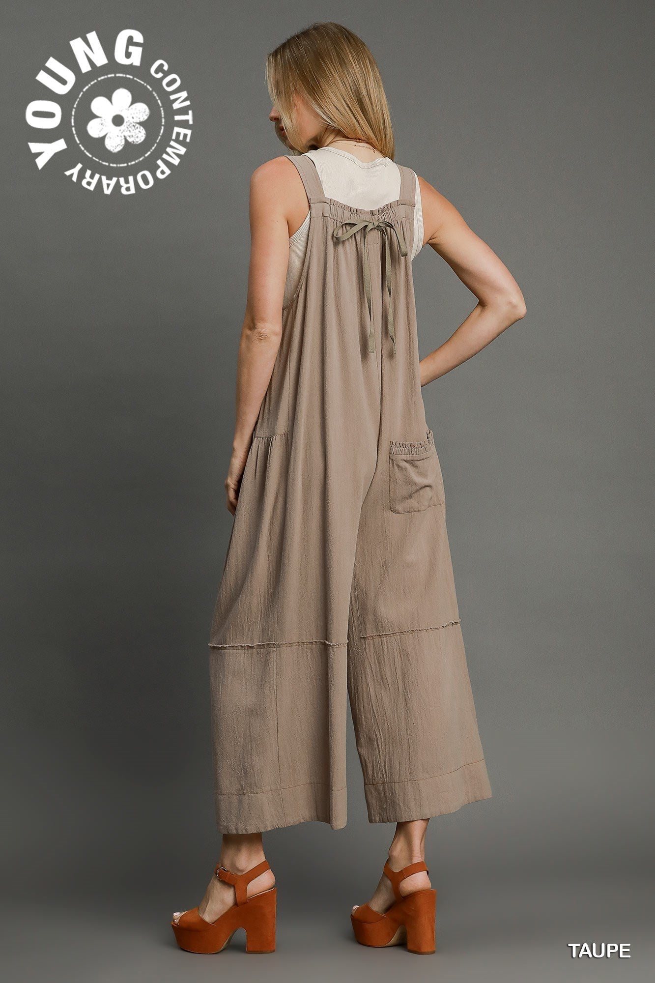 Umgee W Square Neck Jumpsuit TAUPE