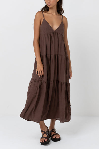 Rhythm W Classic Tiered Midi Dress CHOCOLATE