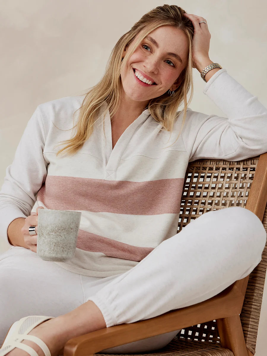 Tasc W French Terry Polo Sweatshirt Stripe COCONUT HEATHER / ROSY HEATHER