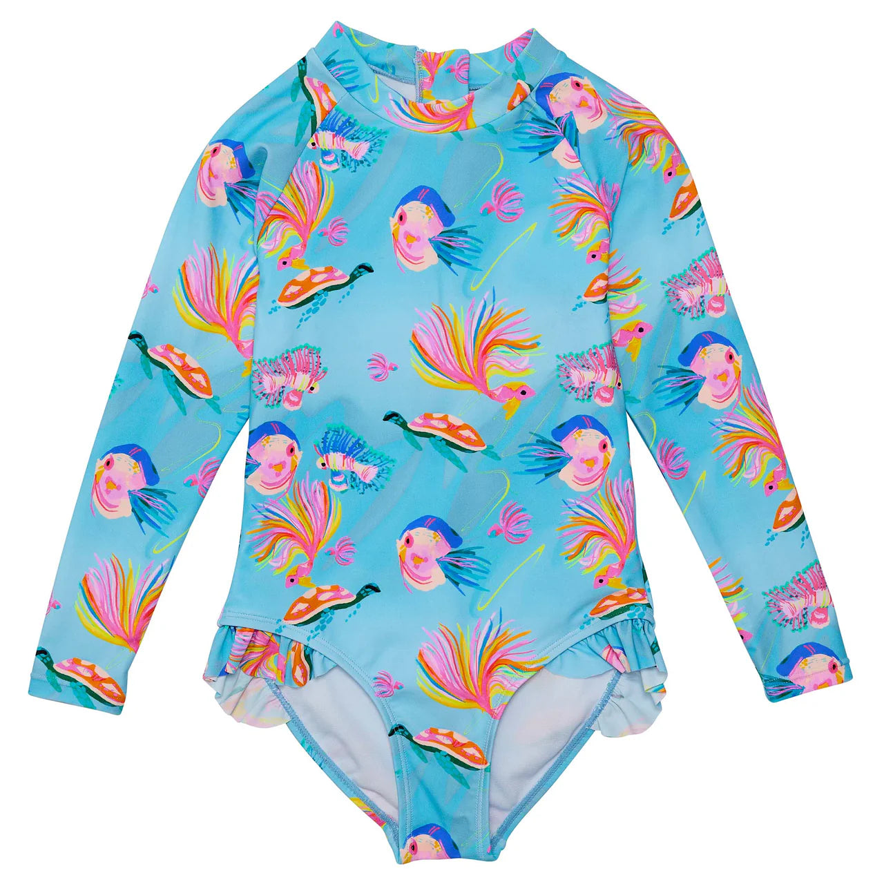 Snapperrock Girls LS Kaleido Fish Surf Suit BLUE