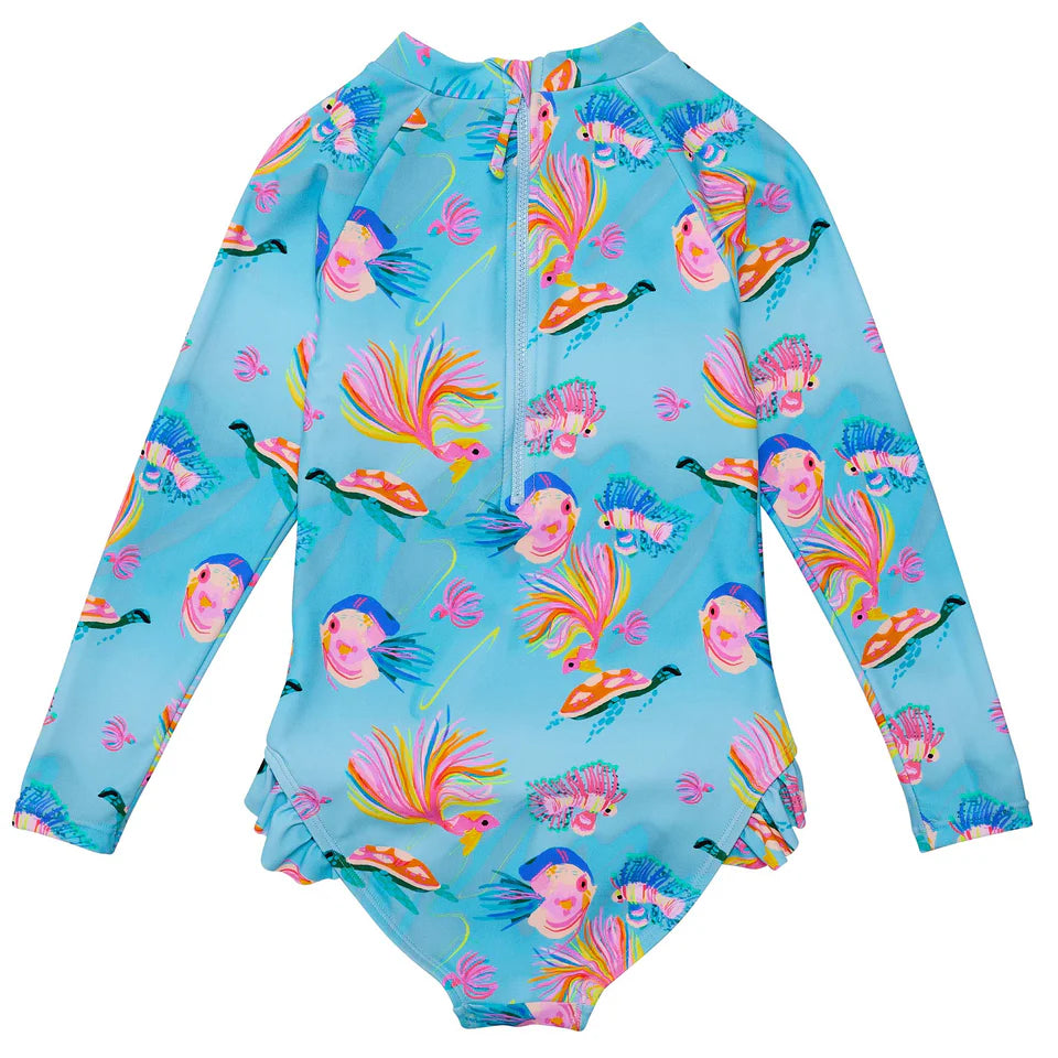 Snapperrock Girls LS Kaleido Fish Surf Suit BLUE