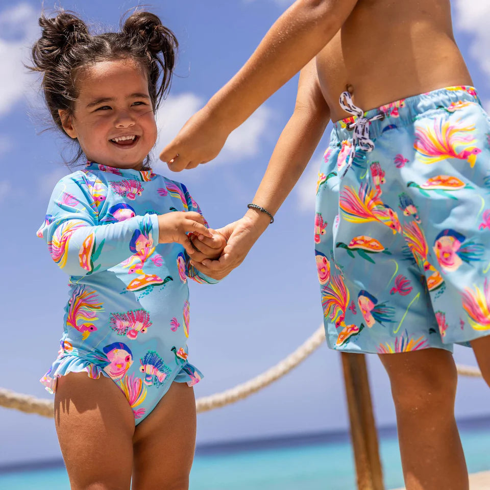 Snapperrock Girls LS Kaleido Fish Surf Suit BLUE